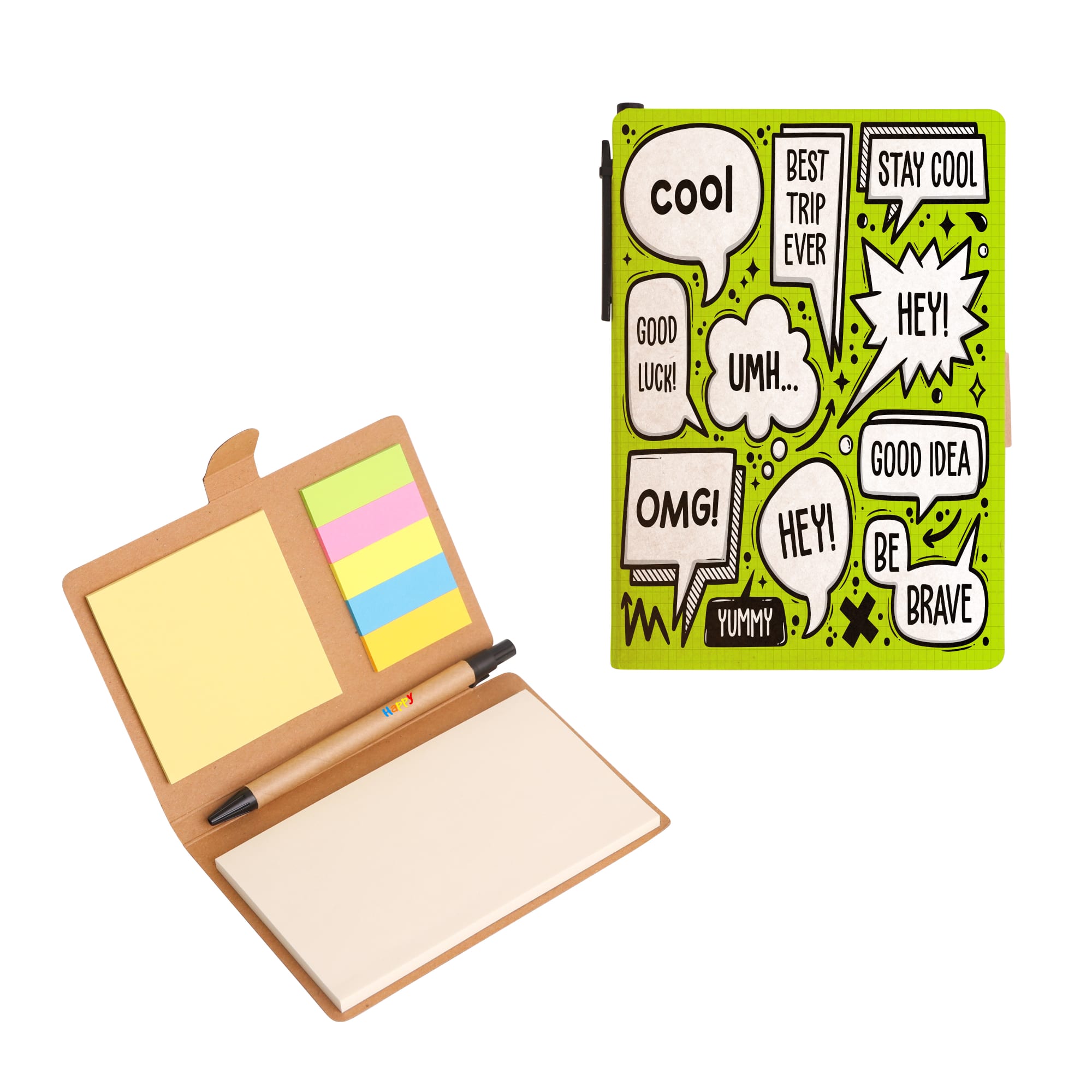 A green notepad with colourful sticky notes and a ballpoint pen, featuring a fun design with speech bubbles. 3-In-1 Notepad with Ballpoint Pen - Image 1