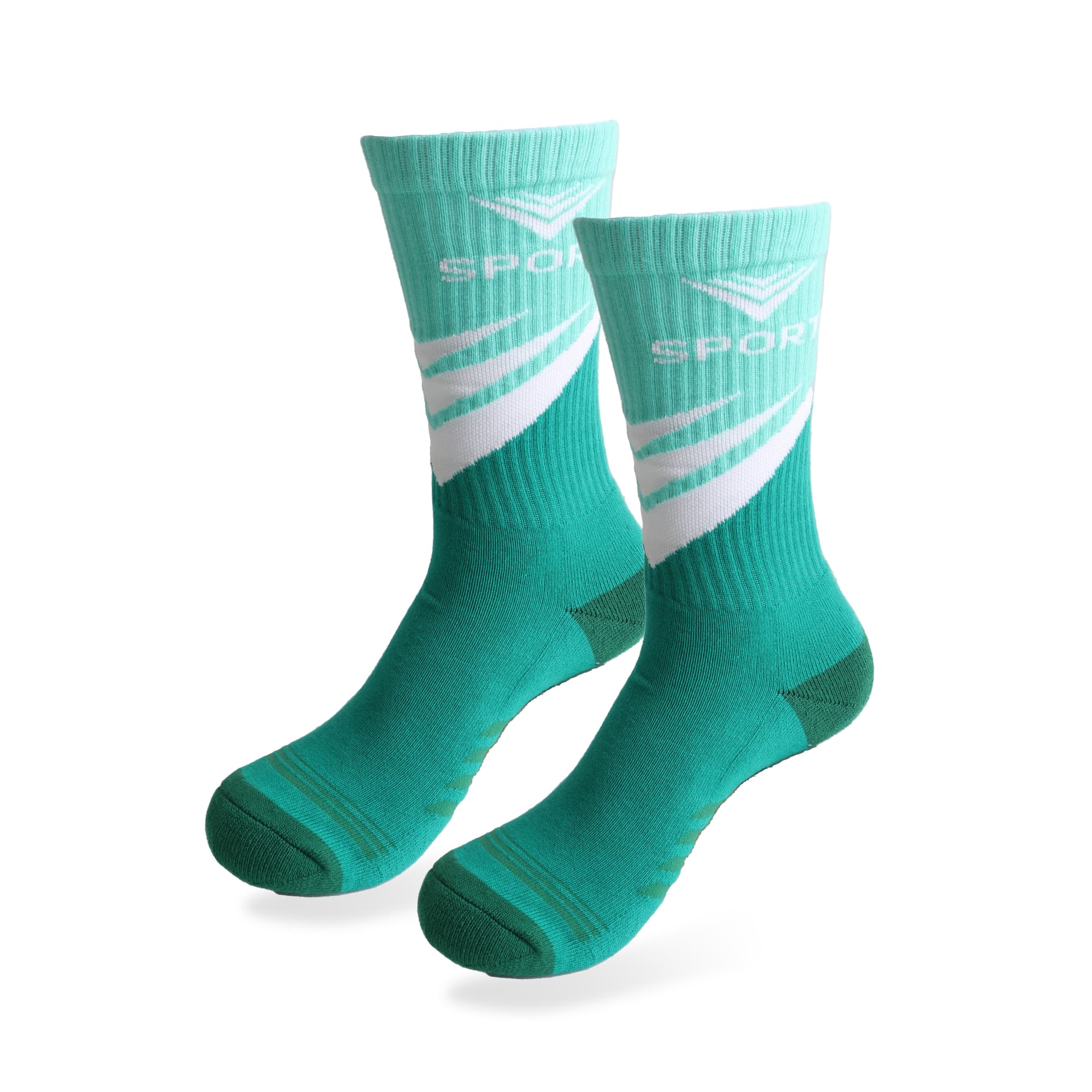 A pair of turquoise sport socks with a towel bottom, featuring white stripes and a logo. Crew Woven Sport Socks - With Towel Bottom - Image 1