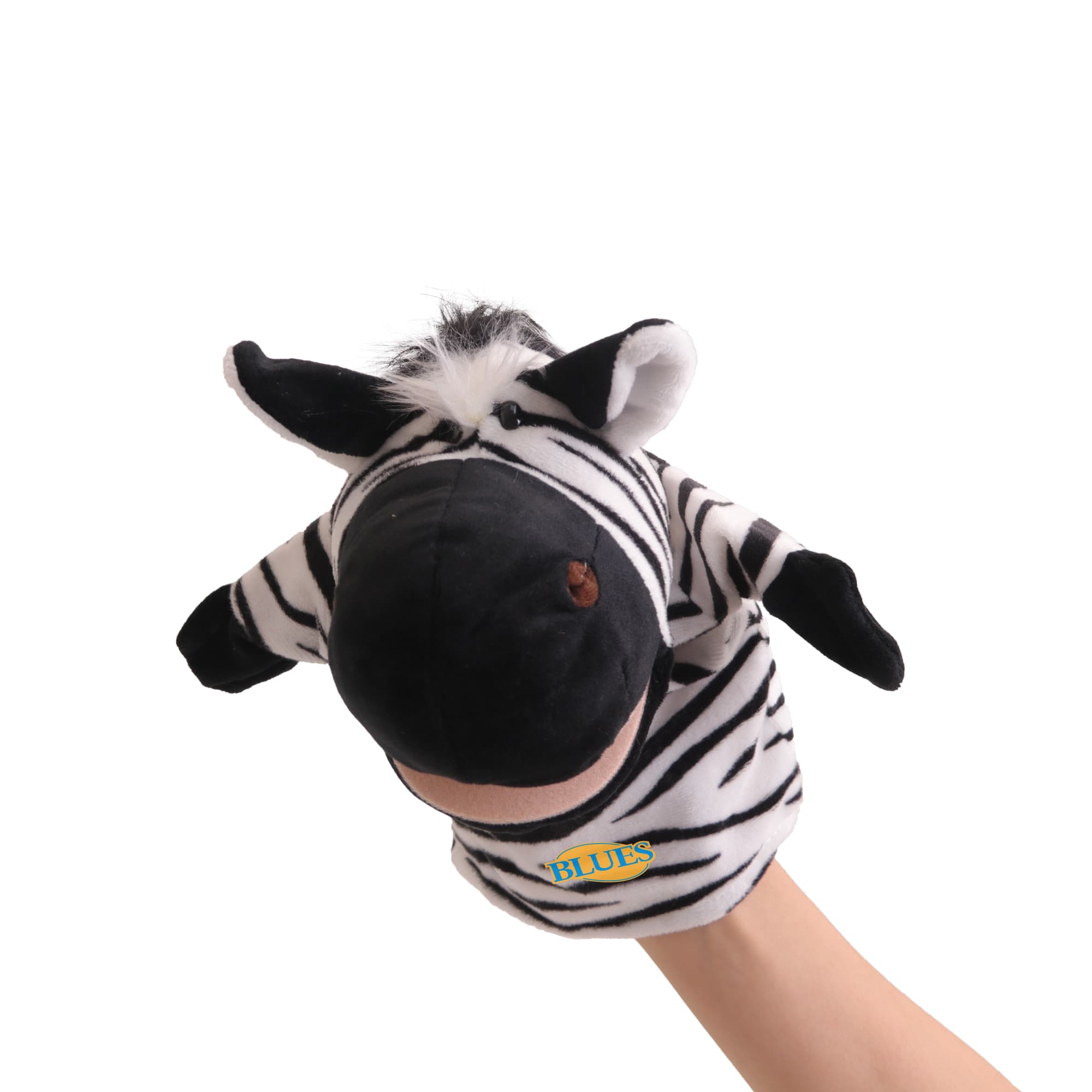 A plush zebra hand puppet in black and white stripes, featuring a soft head and ears, worn on a hand. Zebra Hand Puppet - Image 1