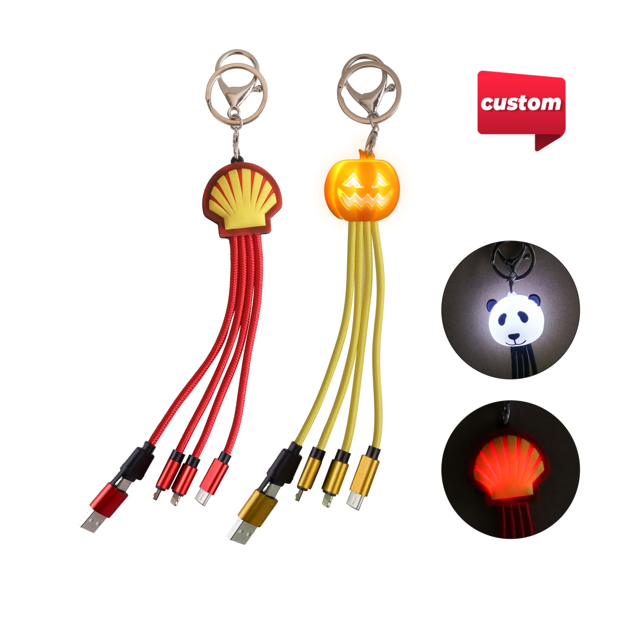 Custom shape light-up charging cables in red and yellow with keyring attachments, featuring various fun designs. Custom Shape Light Up Charging Cable with Keyring - Image 1