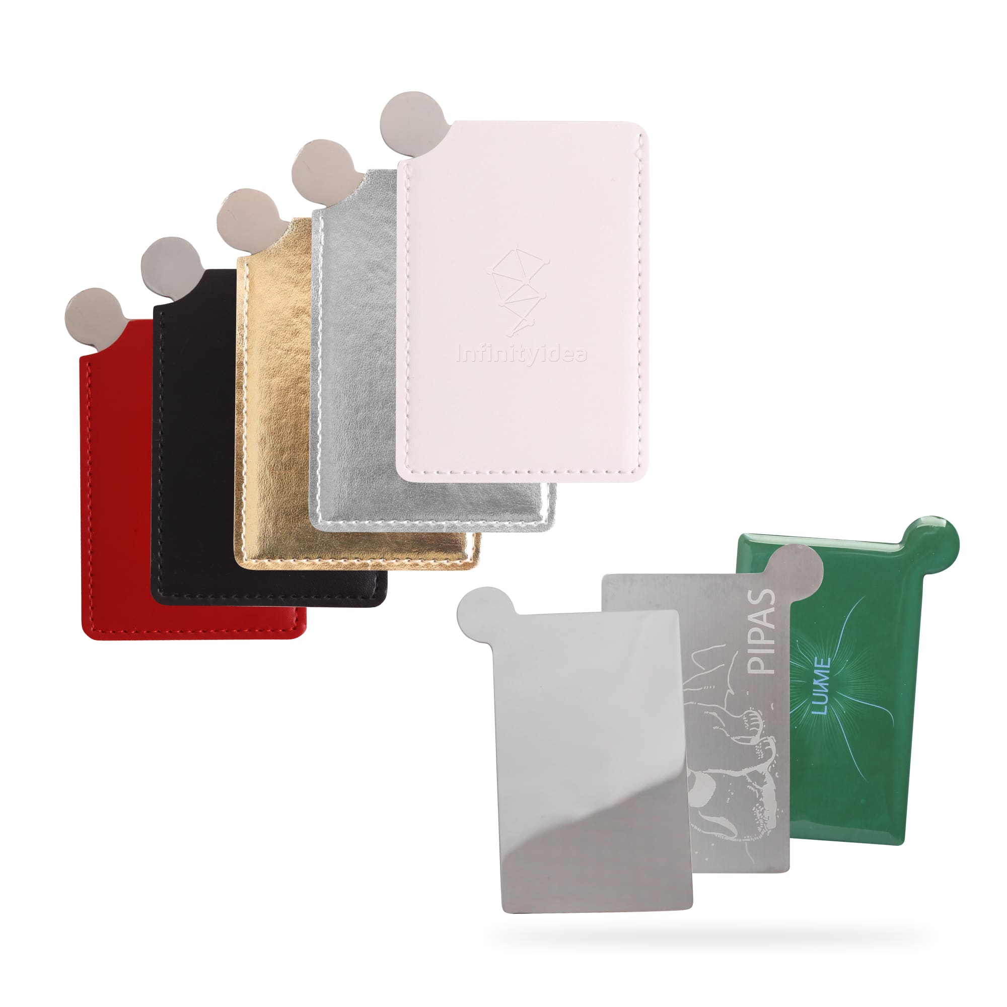 A set of stainless steel portable mirrors in various colours including red, black, white, silver, and green, featuring a logo. Stainless Steel Portable Mirror - Image 1
