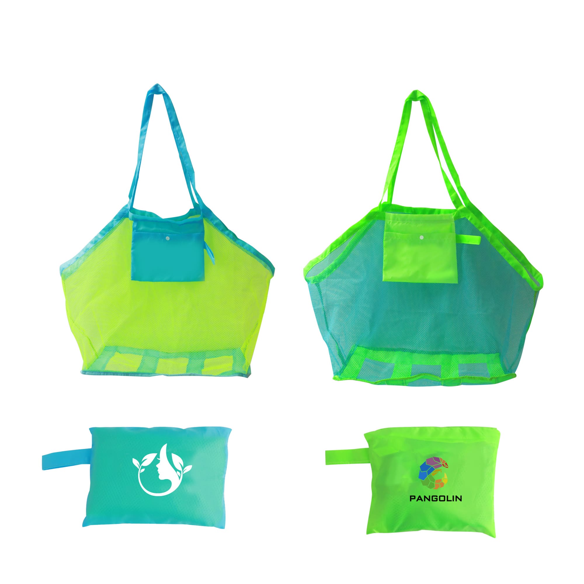 A mesh beach toy bag in bright blue and neon green, featuring a pocket and a logo on one side. Mesh Beach Toy Bag - Image 1