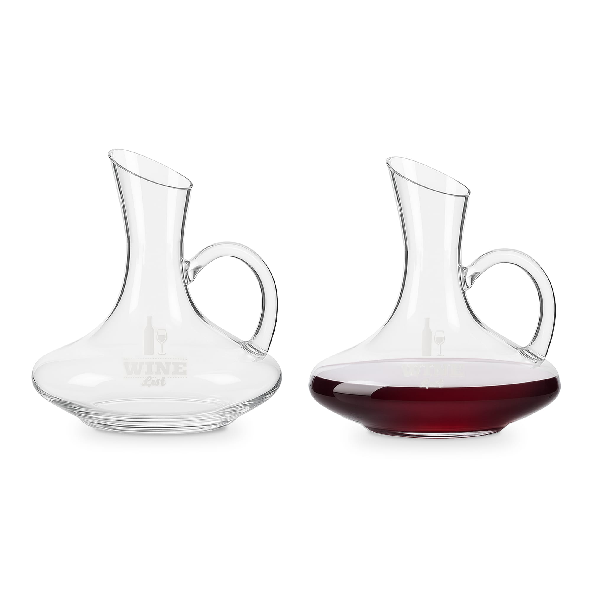 A glass handled wine decanter featuring a curved design, with one decanter displaying red wine. Both have a logo. Handled Wine Decanter - Image 1