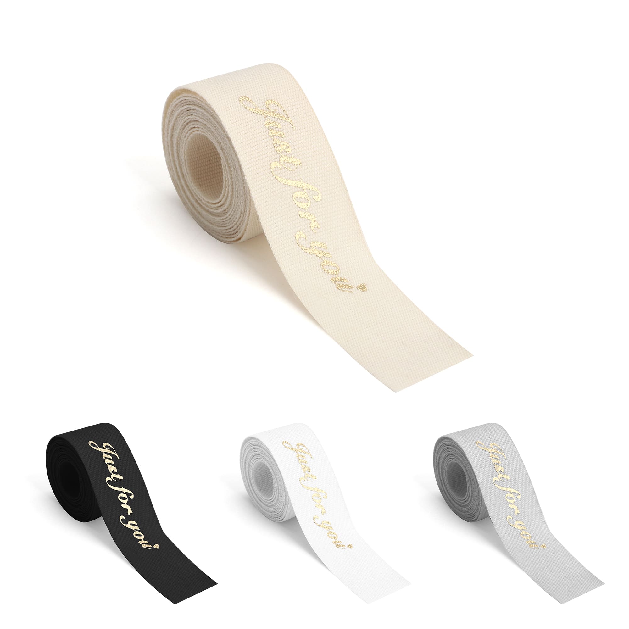 A roll of hot stamping cotton ribbon in cream, black, white, and grey, featuring a decorative printed text and branding. 16mm Hot Stamping Cotton Ribbon - Image 1
