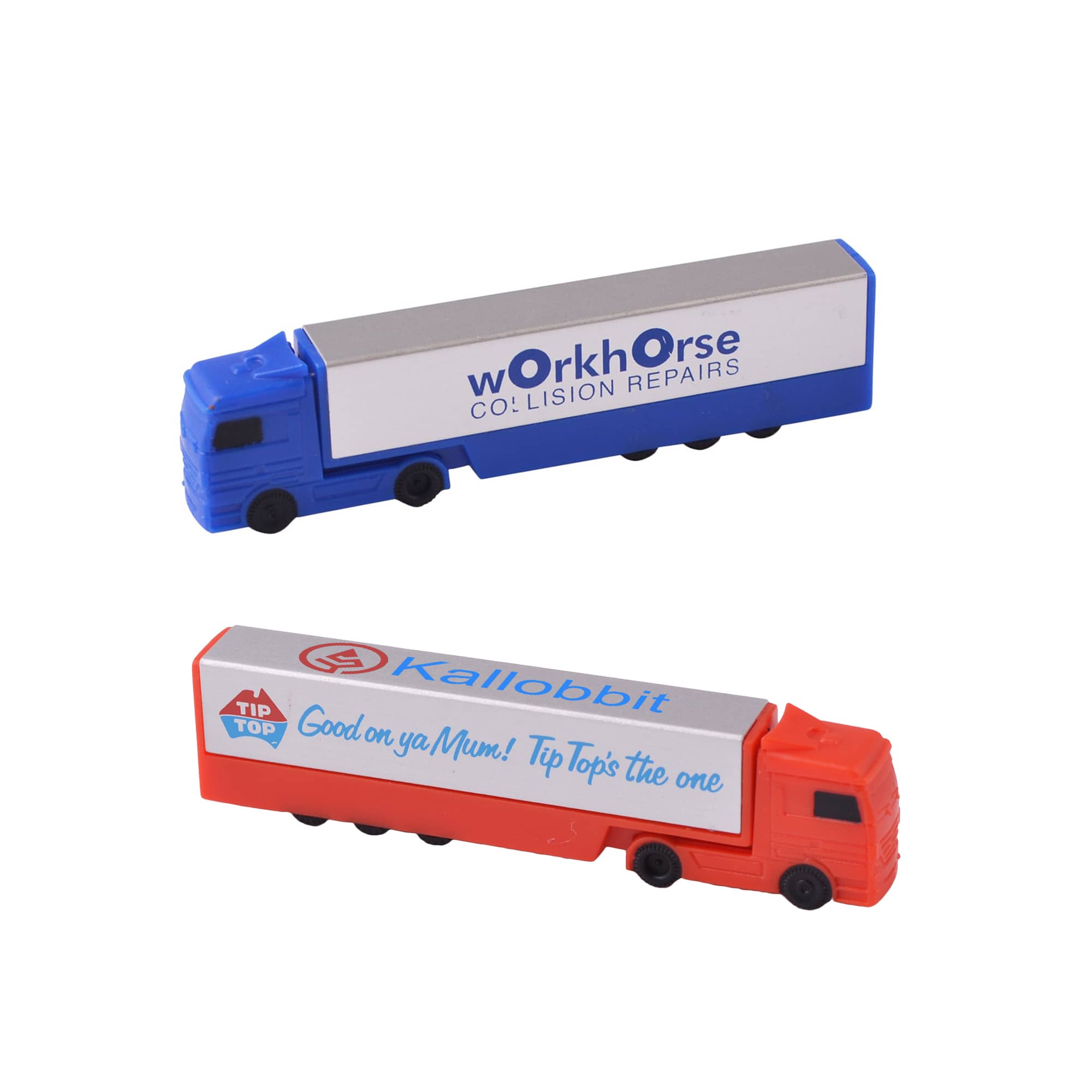 A truck-shaped flash drive in blue and orange with branding on the sides. Truck Shaped Flash Drive - Image 1