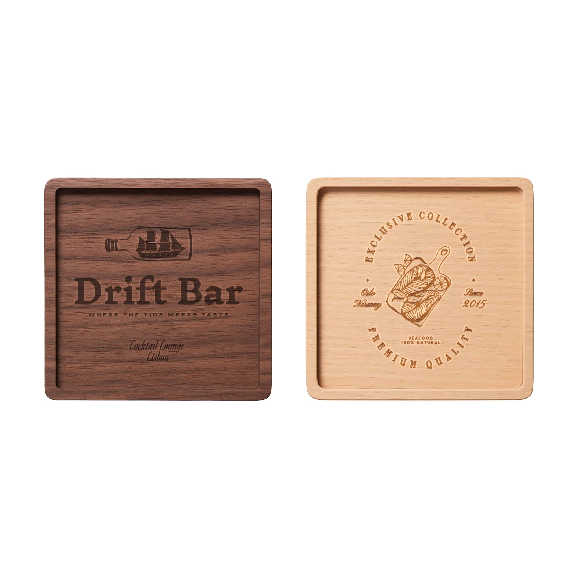A square wooden coaster featuring a dark wood and a light wood side, each with unique engravings, including a logo. Square Wooden Coaster - Image 1