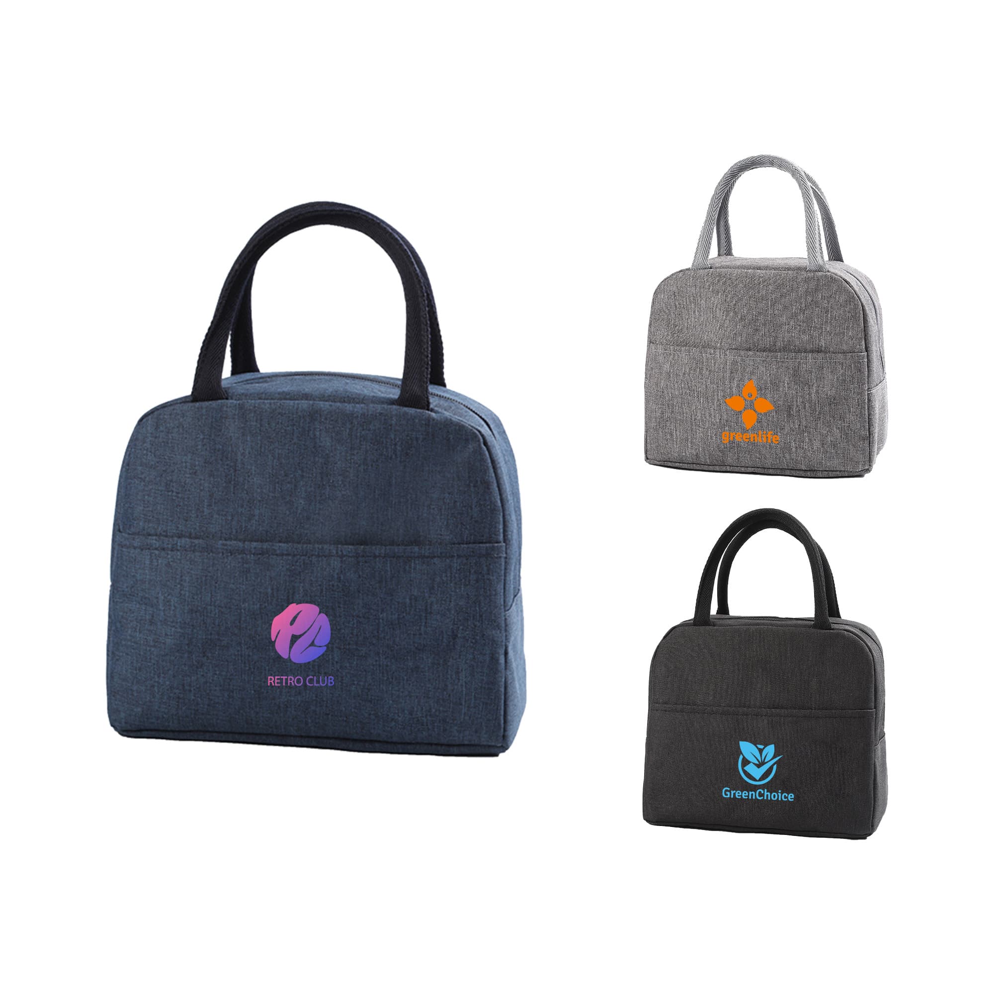 A cooler lunch bag in navy blue, grey, and black, each featuring different logos. The bags have sturdy handles. Cooler lunch bag - Image 1