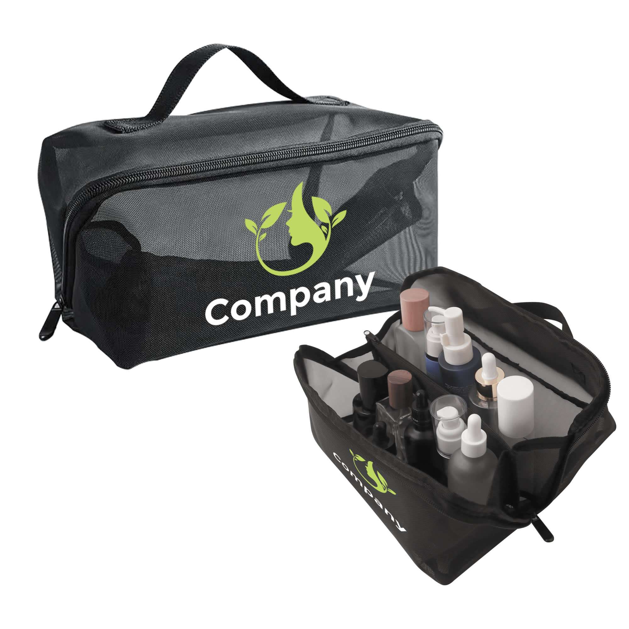 A large capacity black nylon mesh cosmetic bag with various bottles and containers inside. It features a logo. Large Capacity Nylon Mesh Cosmetic Bag - Image 1