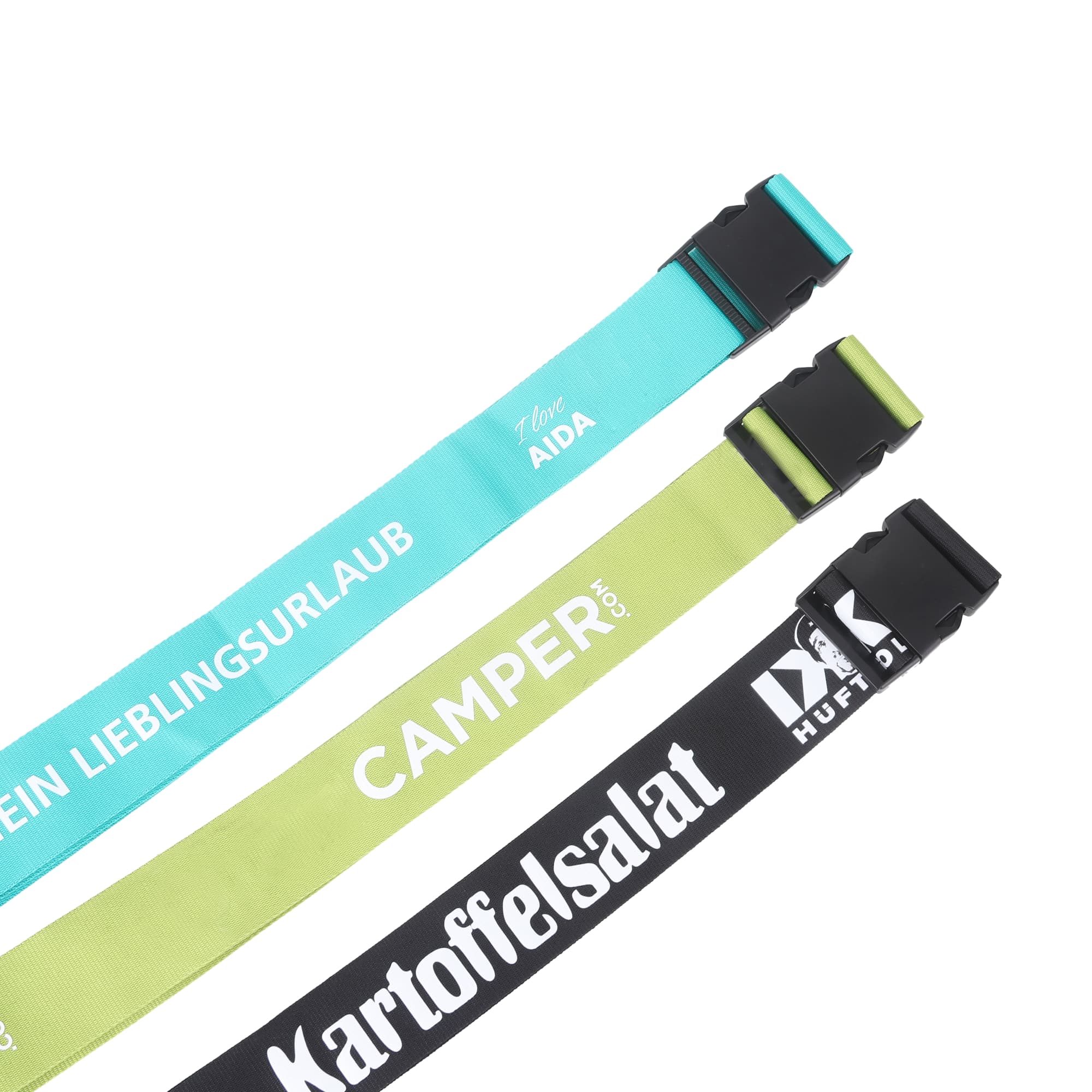 Three poly ribbed luggage belts in teal, lime green, and black, featuring different designs and buckles. Poly Ribbed Luggage Belt - Image 1