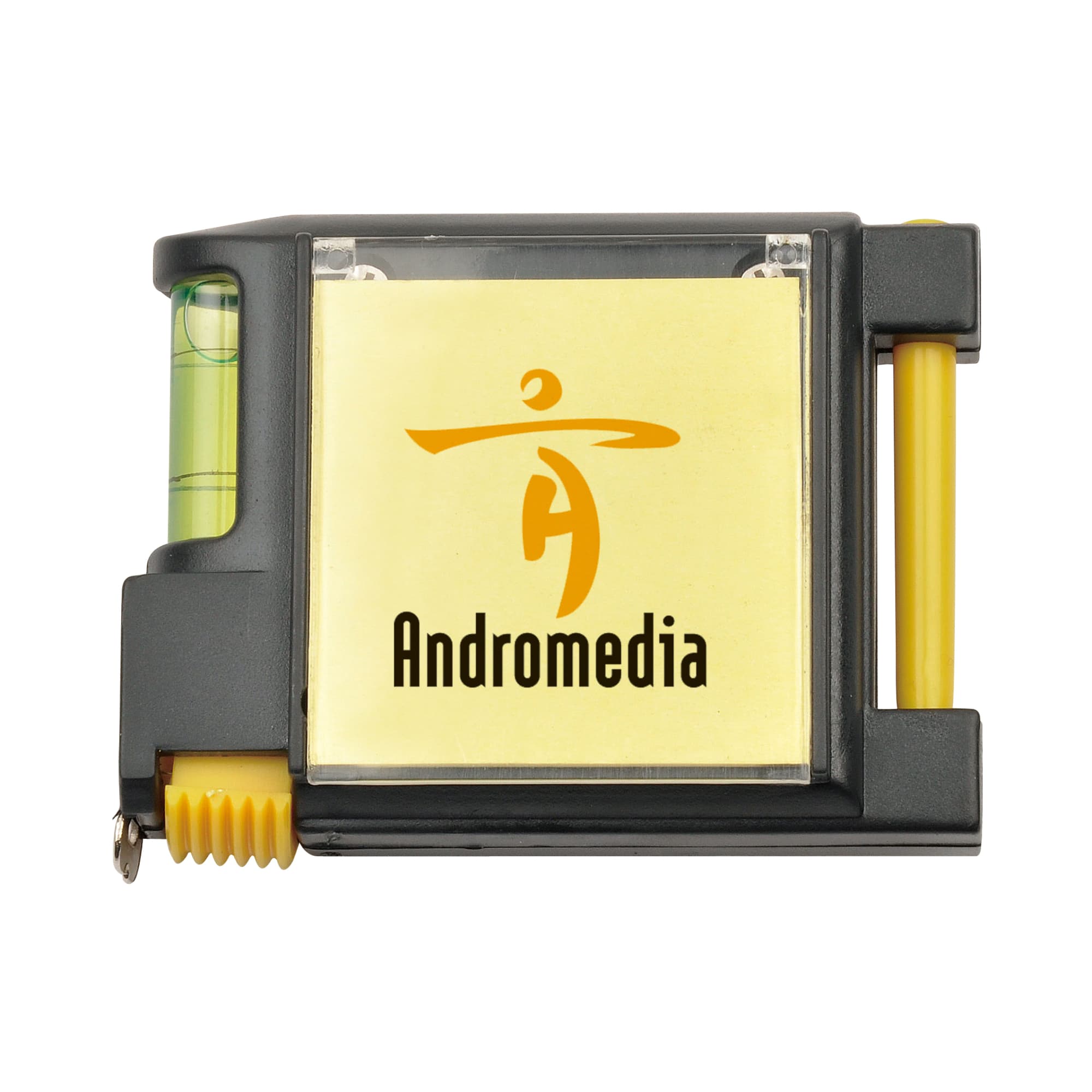 A black and yellow multifunctional tape measure with a level and a logo on the front. Combo Multifunctional Tape Measure - Image 1