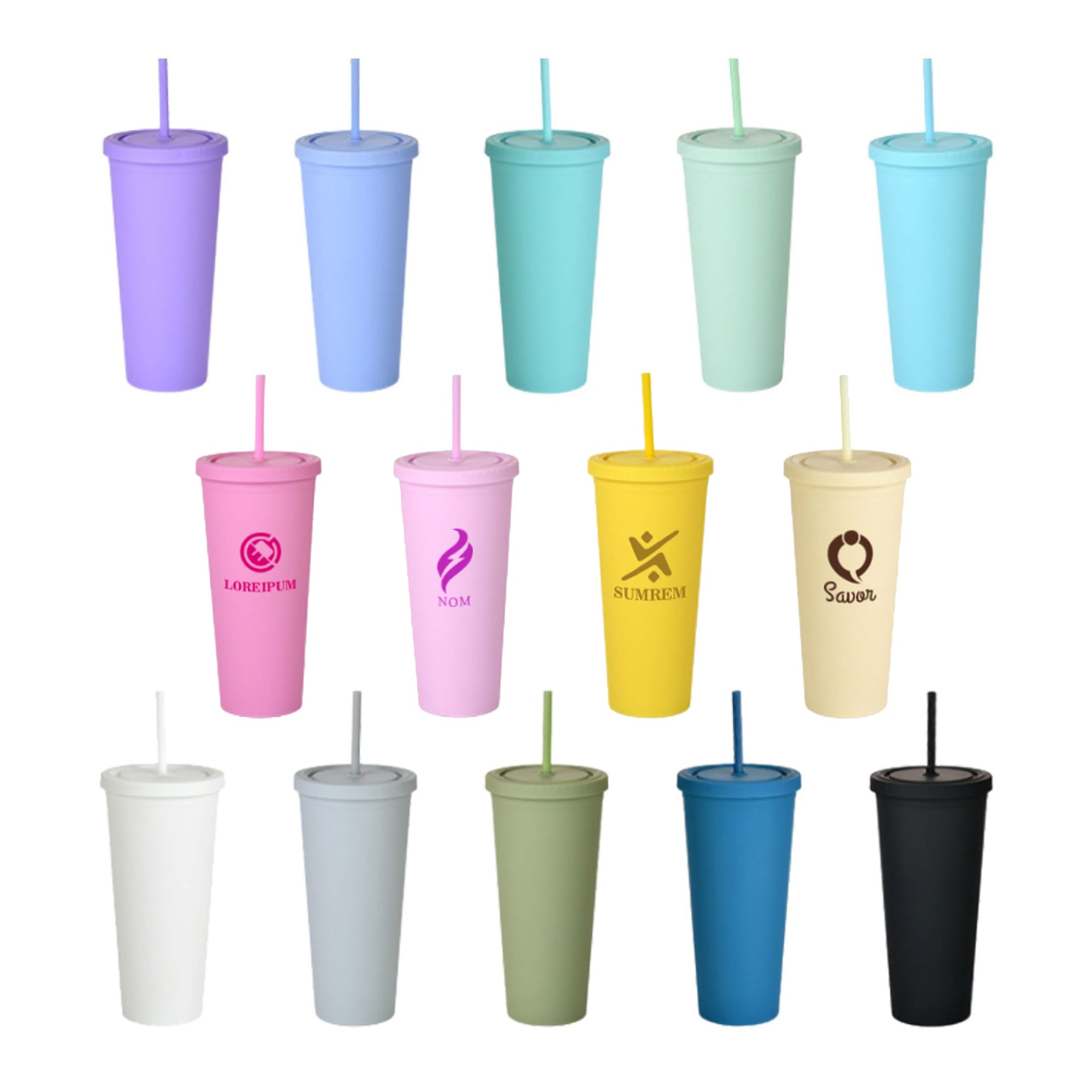 A collection of 24oz matte plastic cups in various pastel and bold colours, each with lids and straws, featuring different logos. 24oz Matte Plastic Cups with Lids & Straws - Image 1