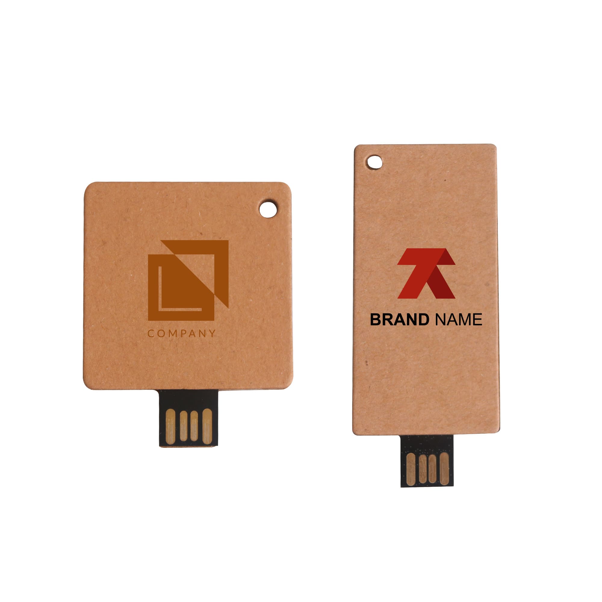 A brown eco-friendly small card flash drive with two sides featuring branding and a USB connector. Eco Small Card Flash Drive - Image 1