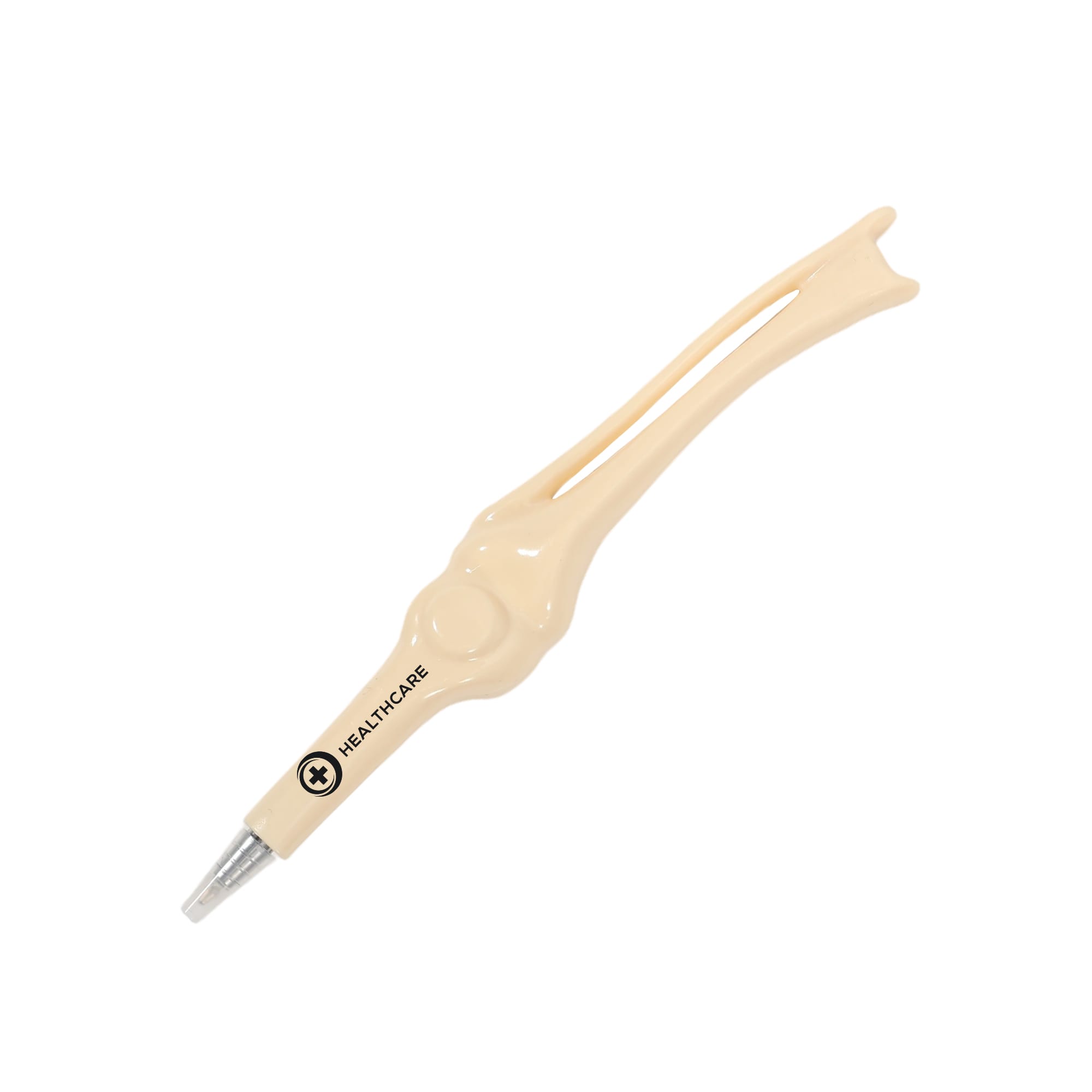A beige pen shaped like a knee joint, featuring a branded logo. Knee Joint Bone Pen - Image 1