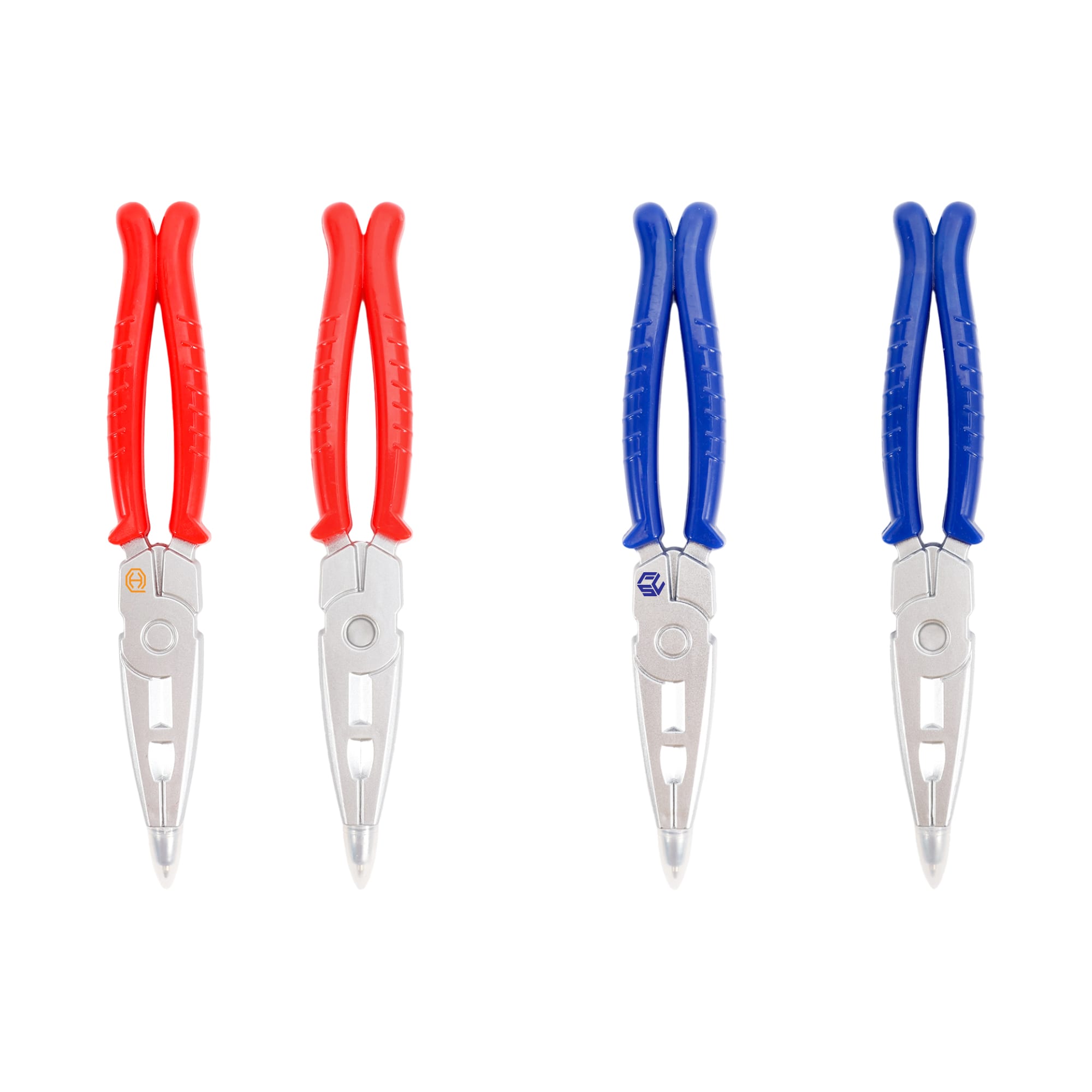 A plier-shaped ballpoint pen featuring red and blue handles, with silver metal detailing. It has a logo on one side. Plier Shape Ballpoint Pen - Image 1
