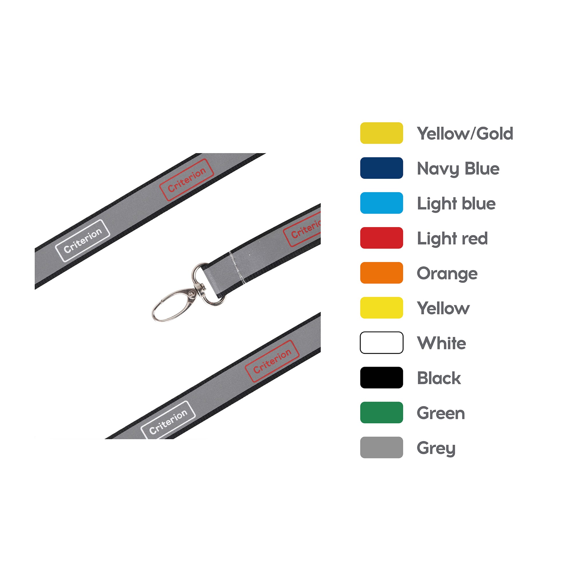 A grey safety lanyard with a metal clip and a logo, available in multiple colours including yellow, blue, and orange. Safety Lanyard - Image 1