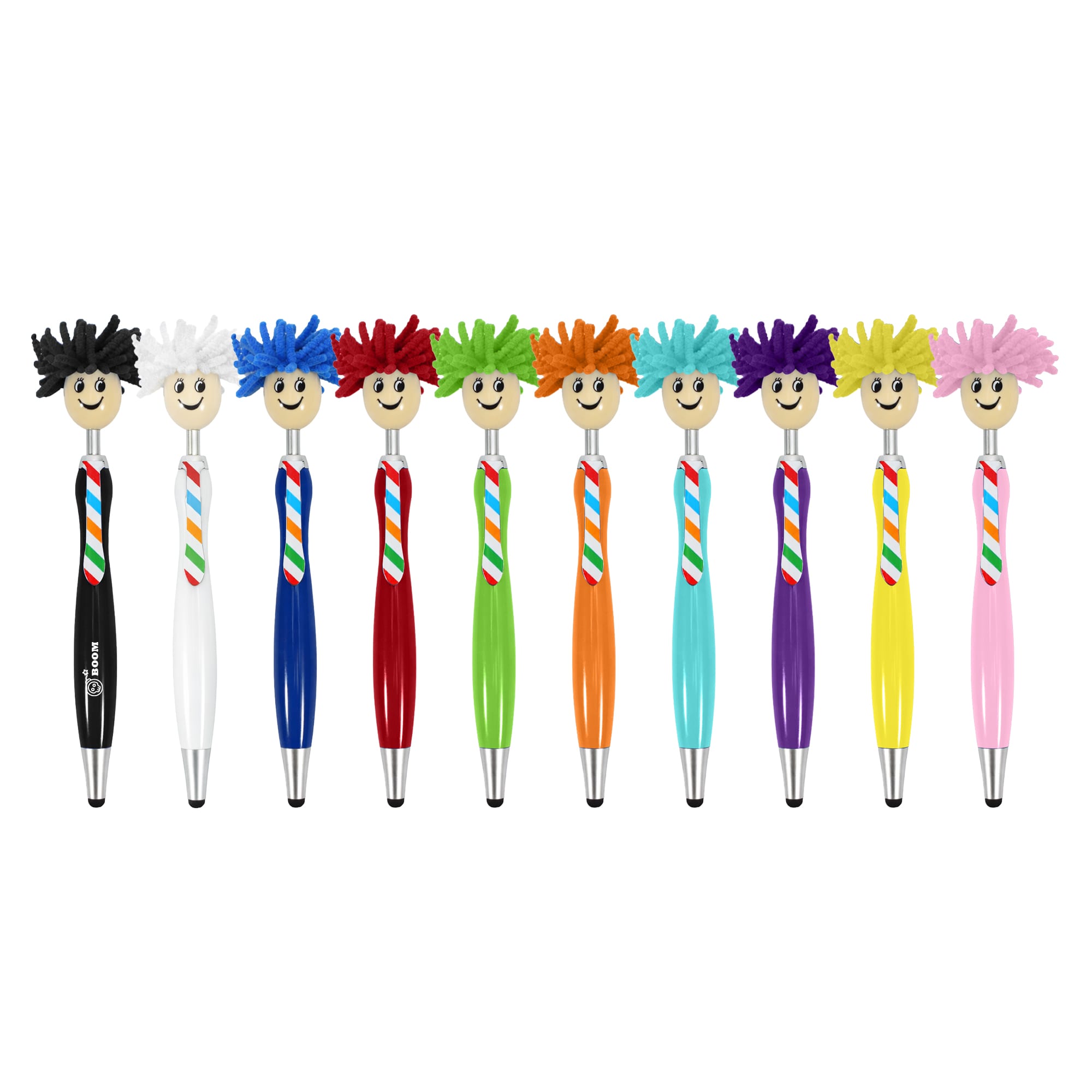 A collection of ten Mop Topper pens in various colours, each featuring a cheerful, fuzzy-haired character on top. Mop Topper Pen - Image 1