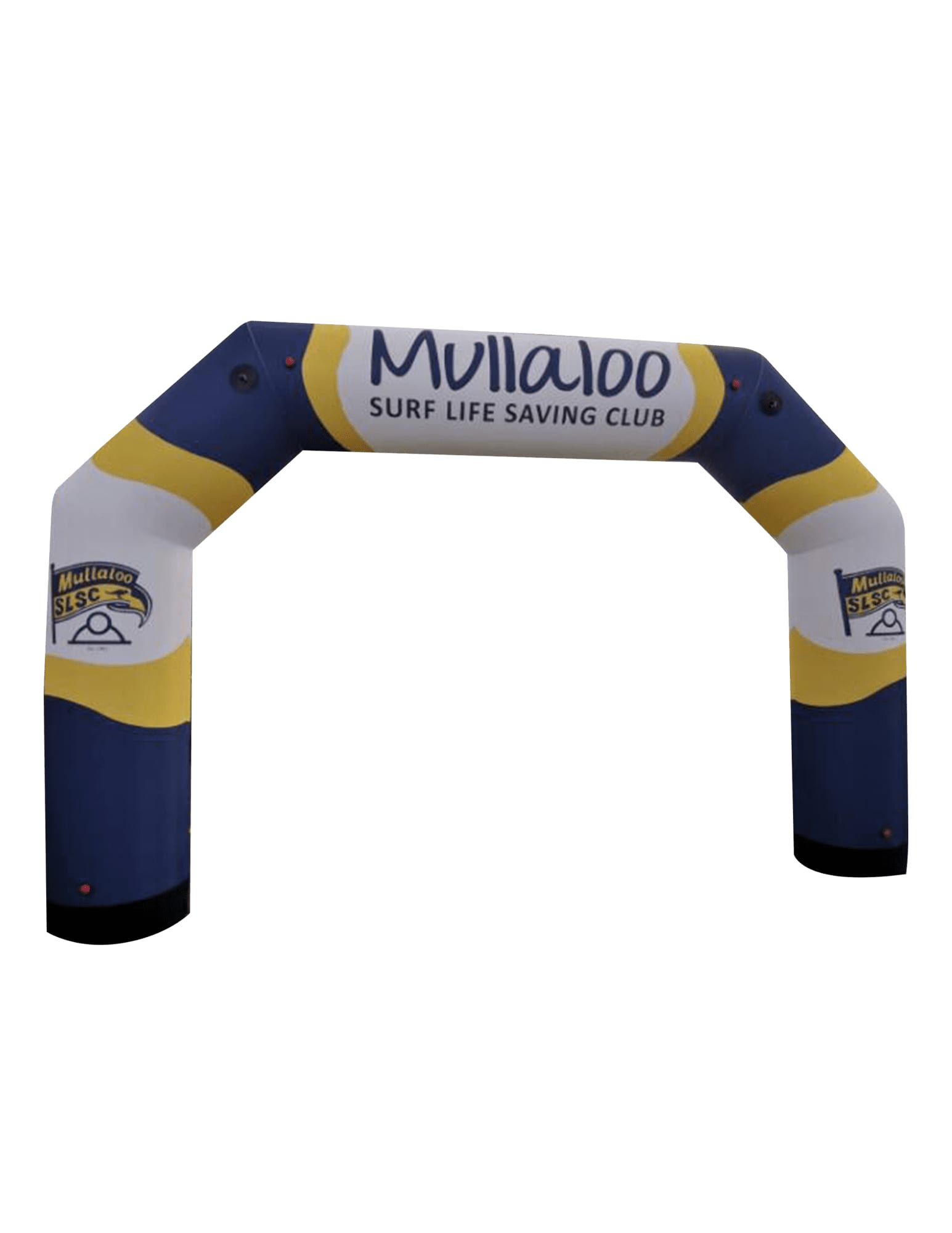 An inflatable air arch measuring 3m, coloured blue and yellow, with a logo and branding. Inflatable Air Arches 3m - Image 1