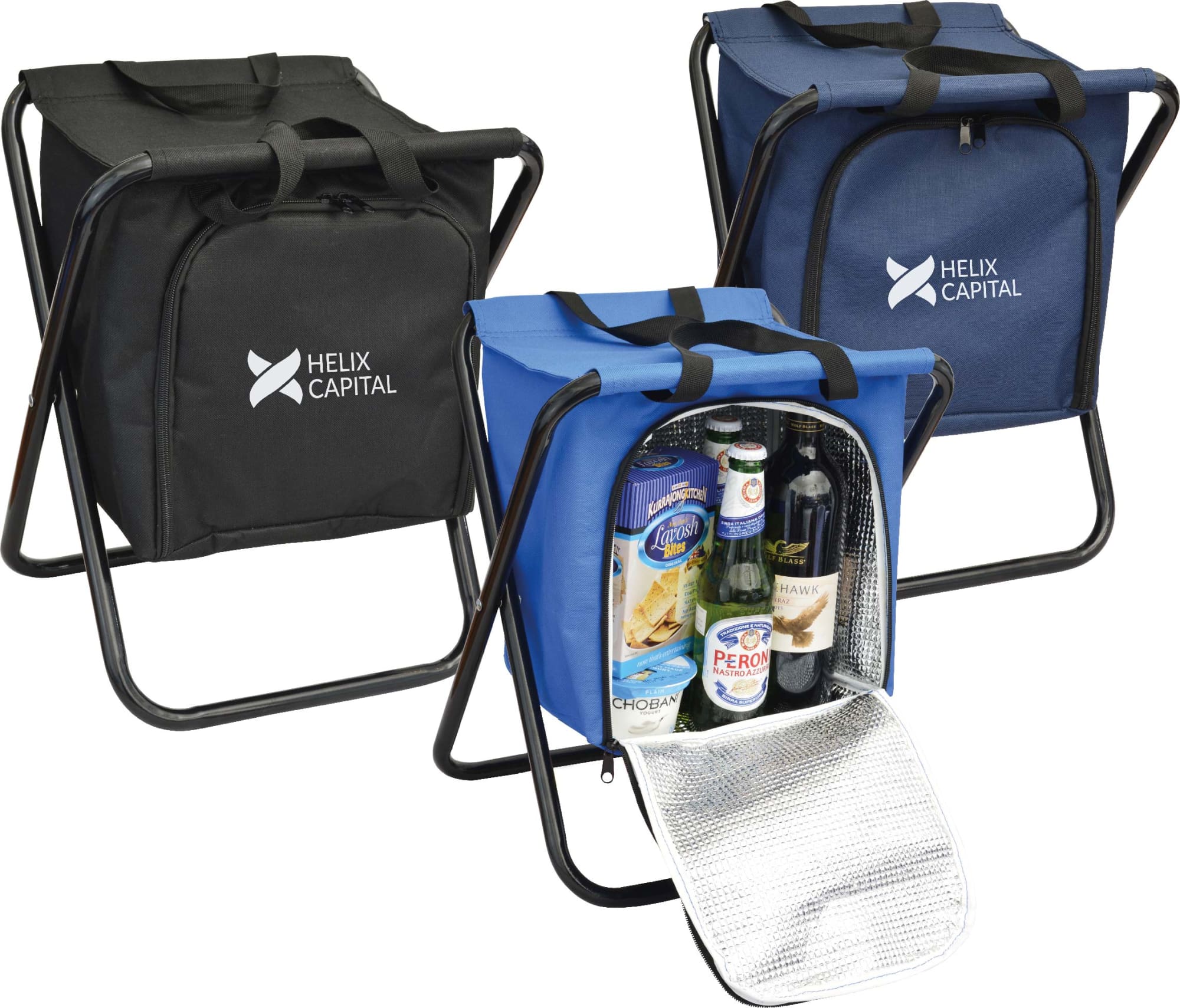 A drink bottle cooler seat in black and blue, featuring an interior compartment with drinks and a reflective flap. Alaska Cooler Seat - Image 1