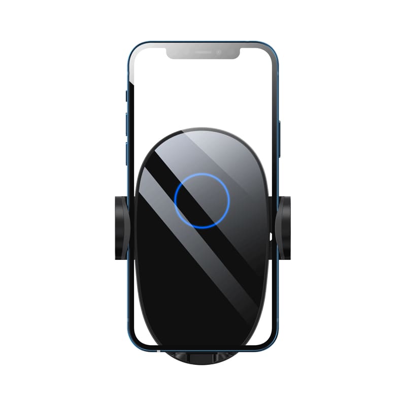 A black wireless car charger with a blue indicator light, designed to hold smartphones in place. Buffalo Wireless 15 Watt Car Charger - Image 1