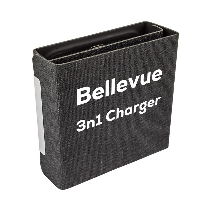 A black textured box with a magnetic 15W wireless charger inside, featuring a logo. Bellevue 3n1 Magnetic 15W Wireless Charger - Image 1