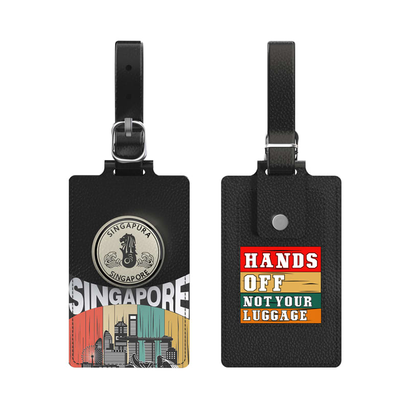 A black luggage tag featuring a circular emblem and a vibrant design with text, showcasing Singapore's skyline and colours. MiTag Duo Tracker Luggage Tag - Image 1