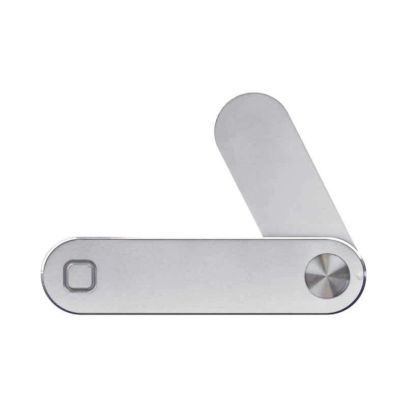 A silver laptop extension arm with a sleek design and a circular pivot. It features a logo on one side. Wave Laptop Extension Arm - Image 1