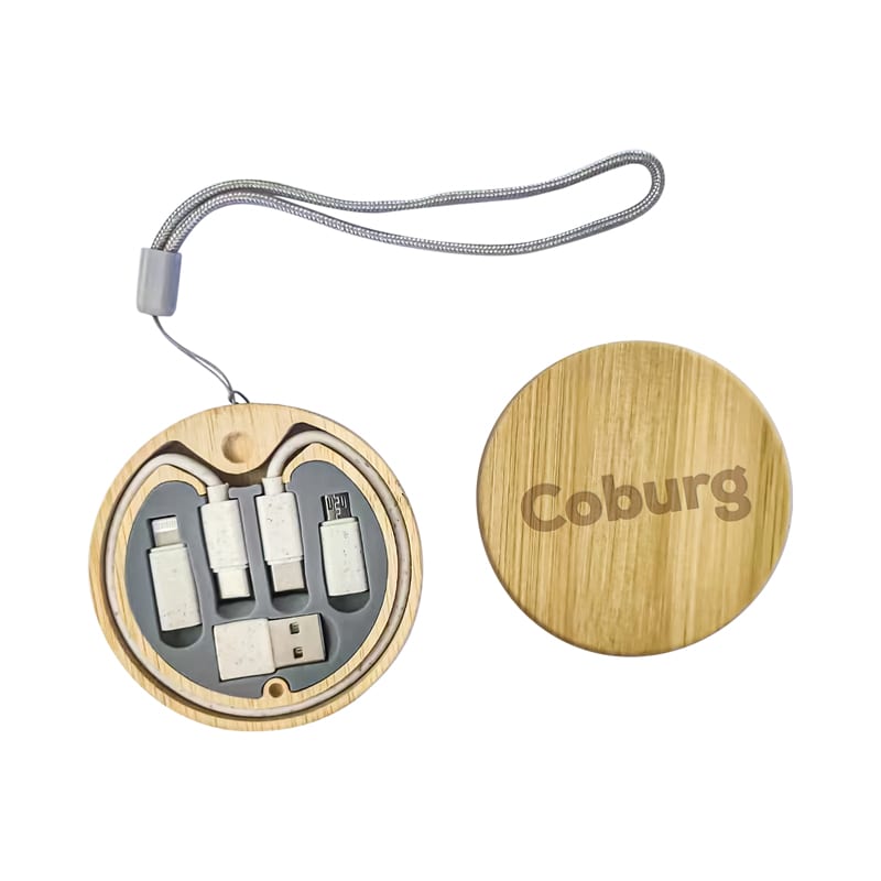 A circular bamboo case with a logo, containing multiple charging cables in grey and white. Coburg Eco Charge Cable Kit - Image 1