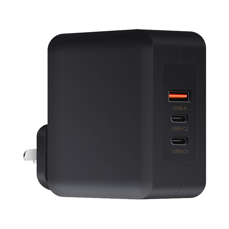 A black 100 Watt GaN quick charger featuring multiple USB ports and a plug attachment. David 100 Watt GaN Quick Charger - Image 1
