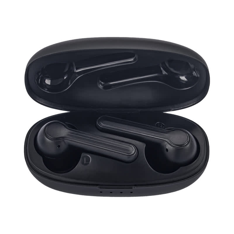 Black Leeds TWS earbuds in a charging case, featuring a sleek design and compact storage. Leeds TWS Earbuds - Image 1