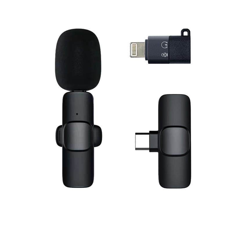 A black wireless microphone with a compact design, accompanied by an adapter, featuring a minimalist style and branding. Lido Pro Wireless Microphone - Image 1