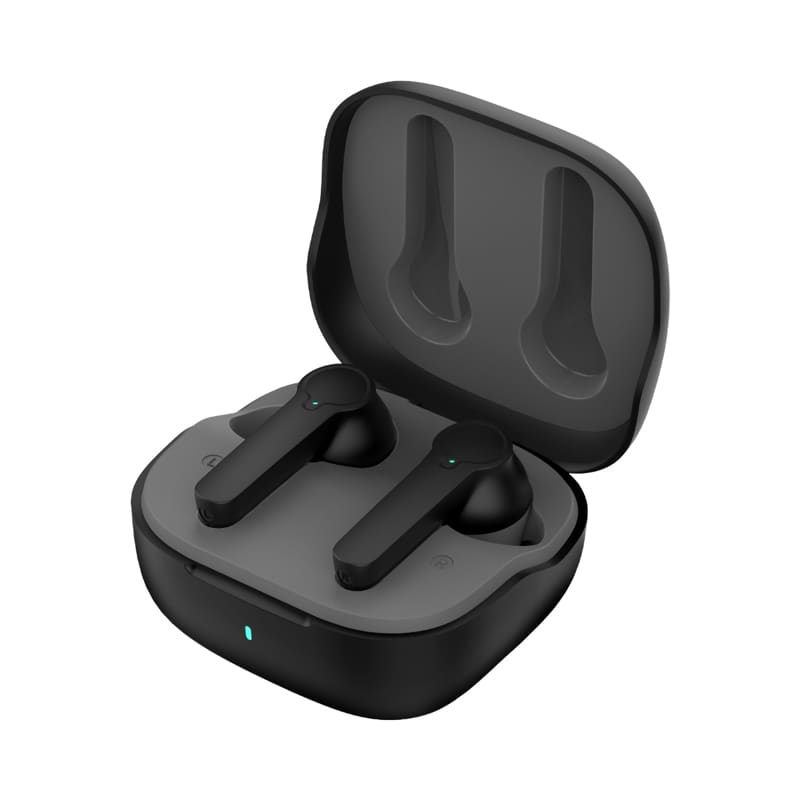 Active noise cancelling TWS earbuds in black, displayed in their charging case with a grey interior and a small indicator light. Elkins Active Noise Cancelling TWS Earbuds - Image 1
