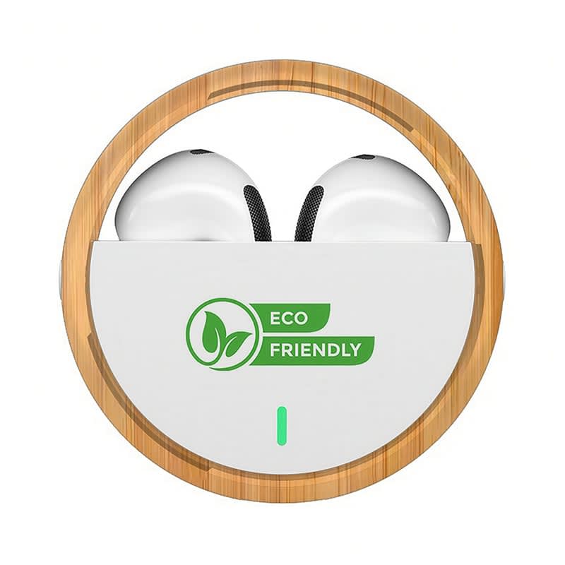 Eco-friendly white TWS earbuds housed in a rounded bamboo case with a logo, featuring a clean and modern design. Orlando Eco TWS Earbuds - Image 1