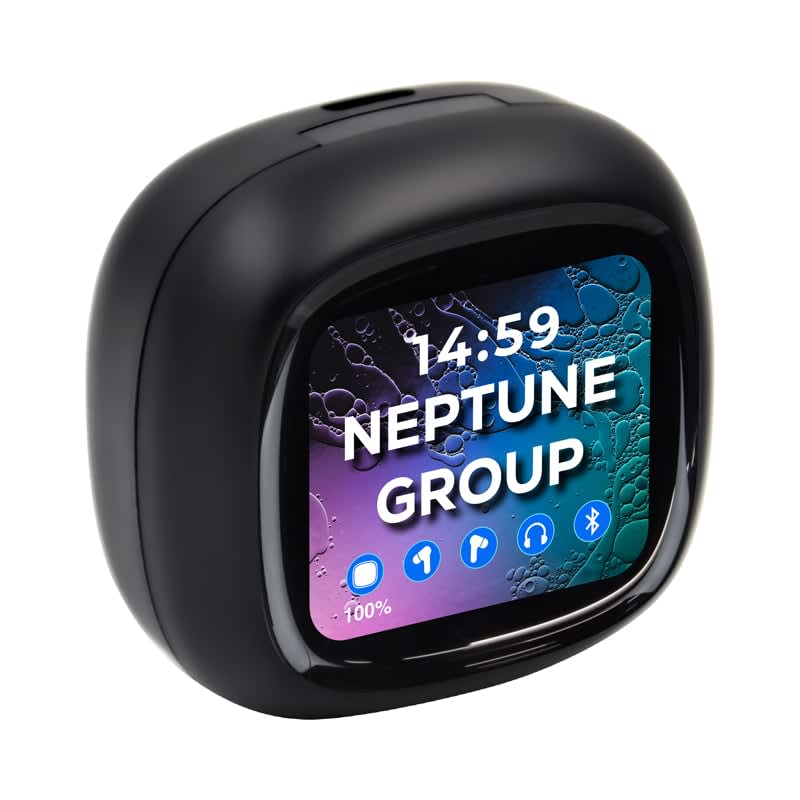 A pair of black earbuds with a smart LCD touchscreen displaying icons and time. The device has a sleek, rounded design. Norton TWS Earbuds & Smart LCD Touch Screen - Image 1