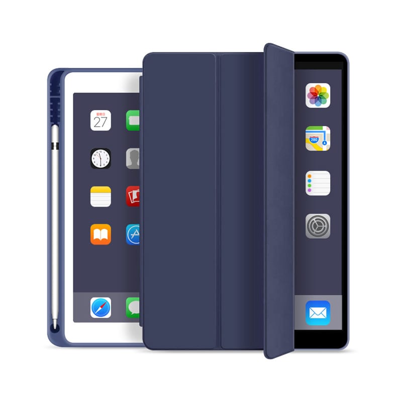 A navy tablet case with a foldable cover, featuring a stylus and open iPad interface. Rover Folio iPad Case - Image 1