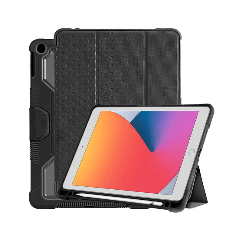 A rugged black iPad case with a textured design and built-in stand. It has a logo on the surface. Newton Rugged iPad Case - Image 1