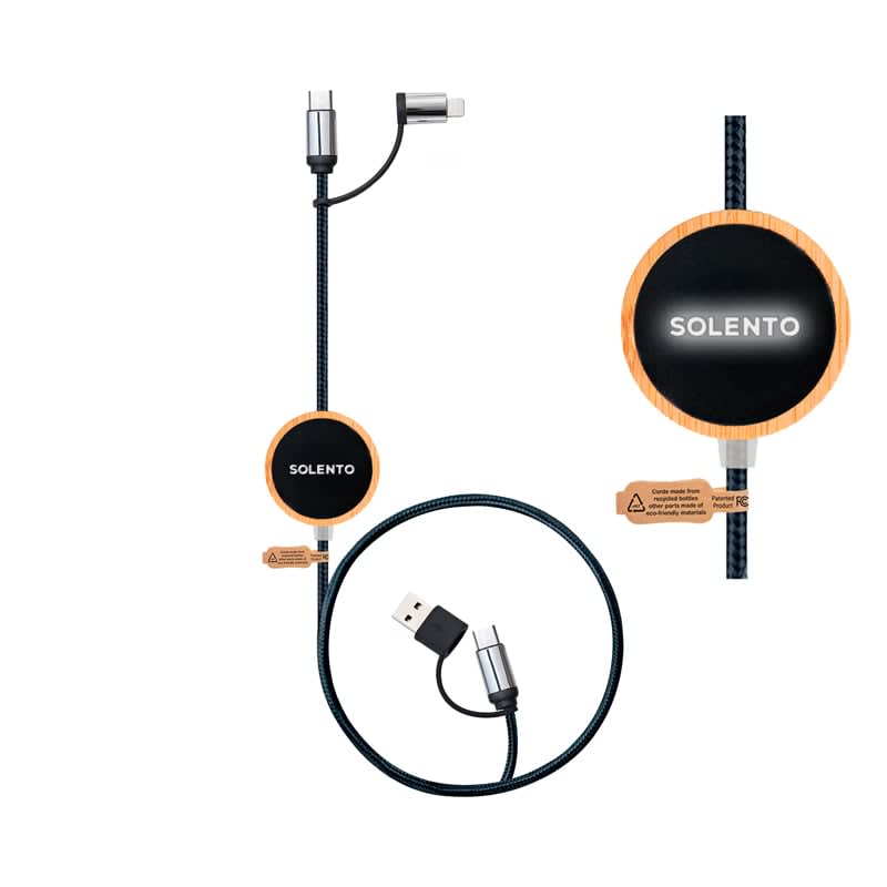 A black and silver charging cable with a retractable design and a round wooden handle featuring a logo. Solento 60W Fast Charge and Data Sync LED Cable - Image 1