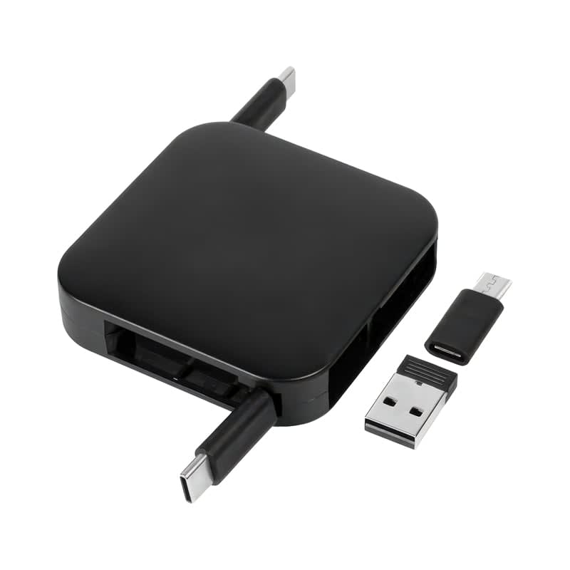 A black retractable fast charge cable and stand with multiple connection types and a USB plug. It features a logo. Avola Retractable Fast Charge Cable and Stand - Image 1