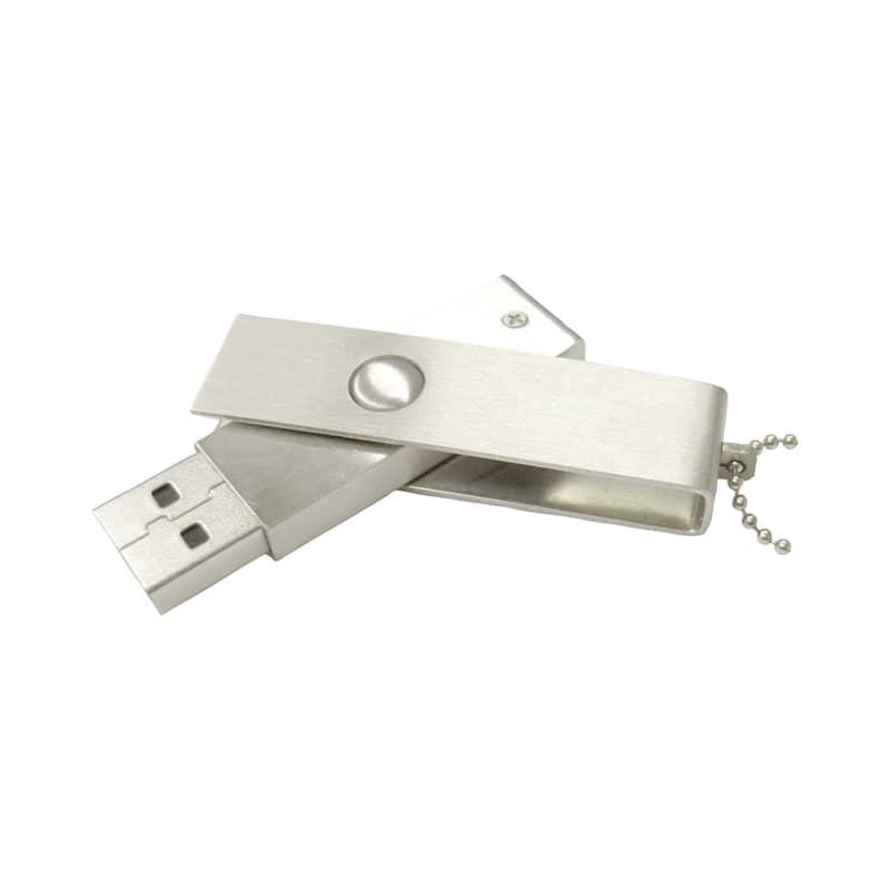 A silver brushed metal swivel USB drive with a keychain attachment. Features a sleek design and a logo. Slim Brushed Metal Swivel Drive - Image 1