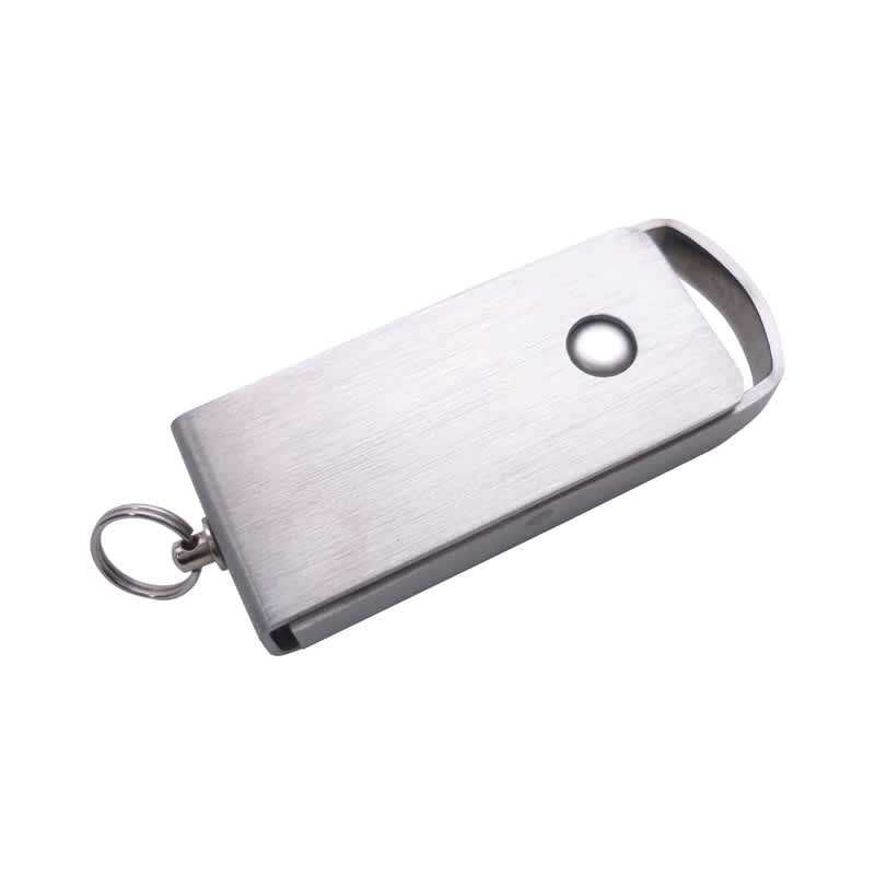 A metallic flash drive with a keyring attachment, featuring a sleek design and a small hole for connection. Slide & Swivel Drive - Image 1