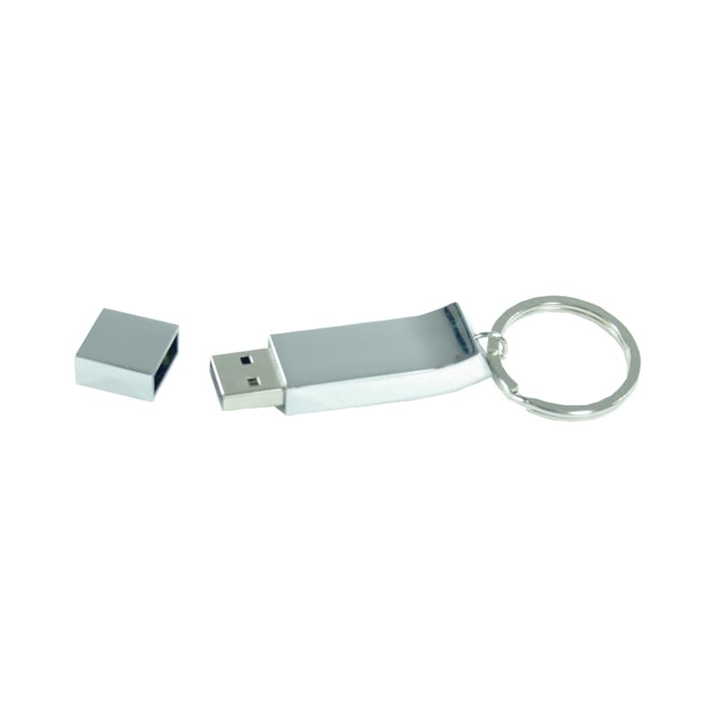 A chrome keyring flash drive with a removable cap, featuring a shiny silver finish and a keychain attachment. Chrome Keyring Flash Drive - Image 1
