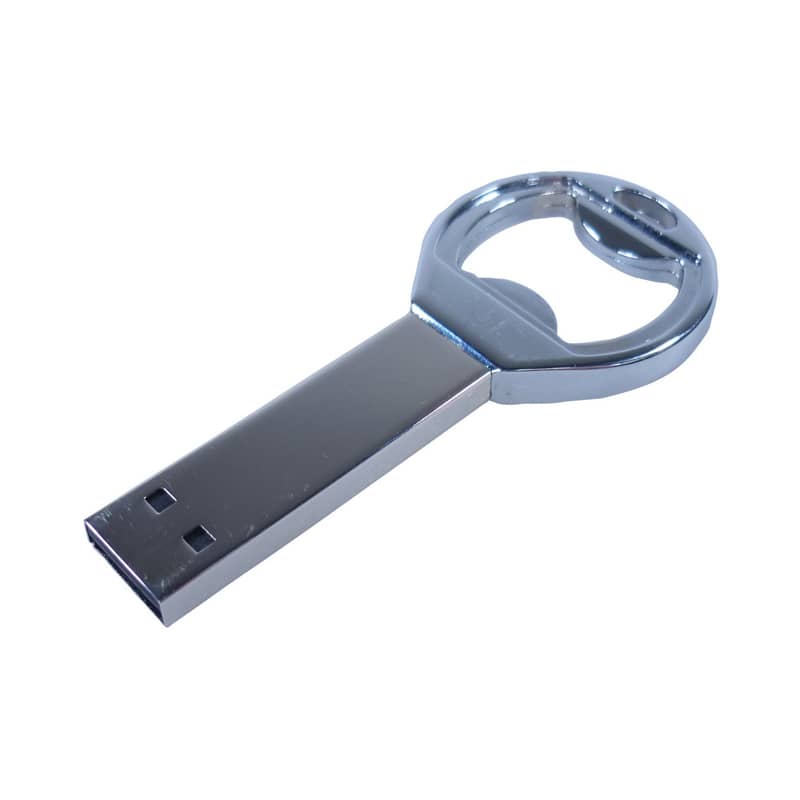 A silver USB flash drive designed as a bottle opener, featuring a circular handle. USB Bottle Opener Flash Drive - Image 1