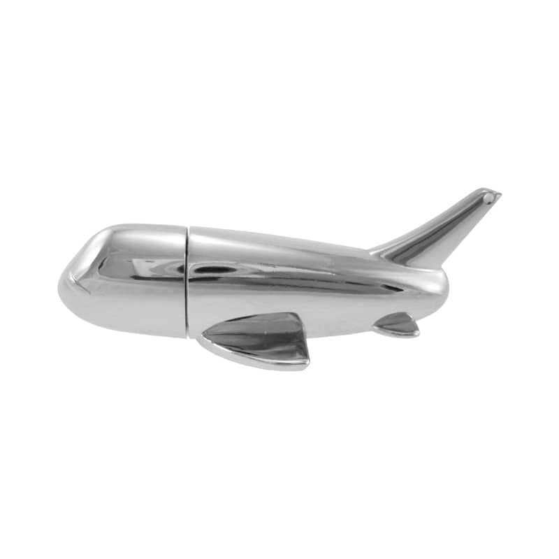 A metallic silver flash drive designed in the shape of an airplane, featuring a smooth and shiny surface. Metal Plane Flash Drive - Image 1