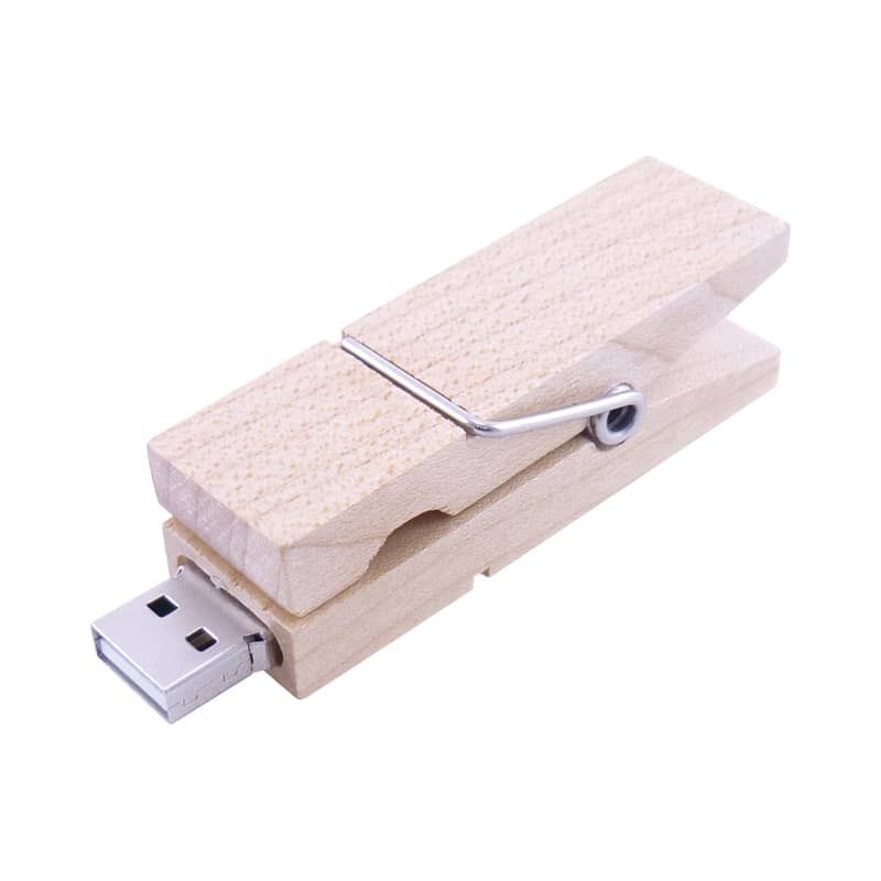 A wooden peg flash drive with a silver clip and a USB connector. USB Peg Flash Drive - Image 1