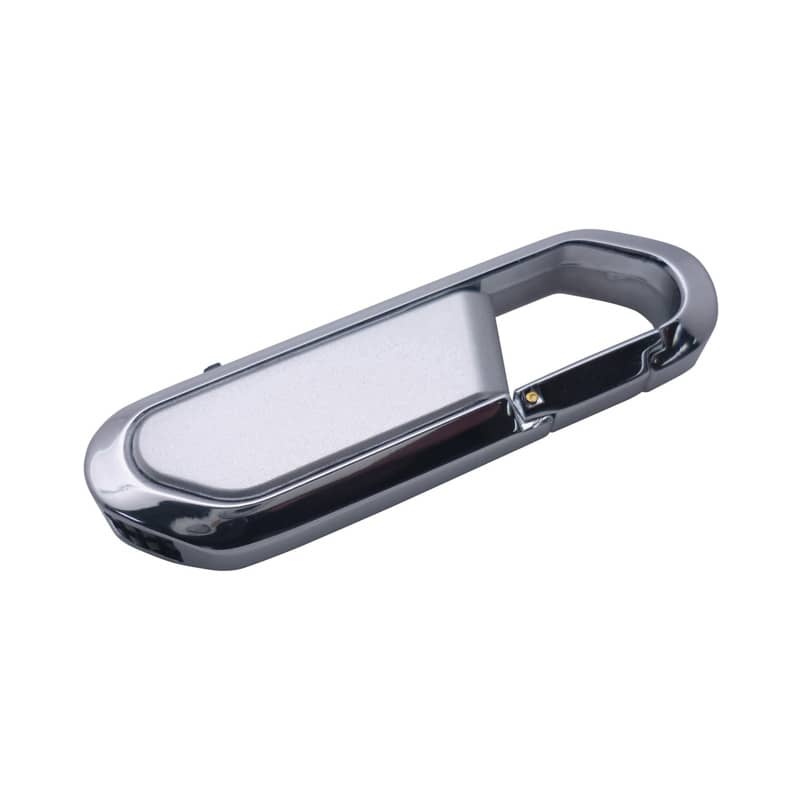 A sleek silver carabiner flash drive with a metallic finish and an integrated clip design. Carabiner Flash Drive - Image 1