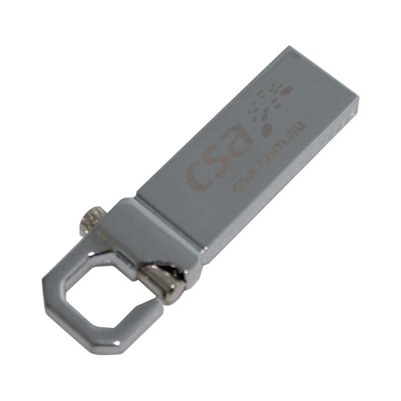 A grey Orion Flash Drive with a metal clip attachment. It features a logo on the side. Orion Flash Drive - Image 1