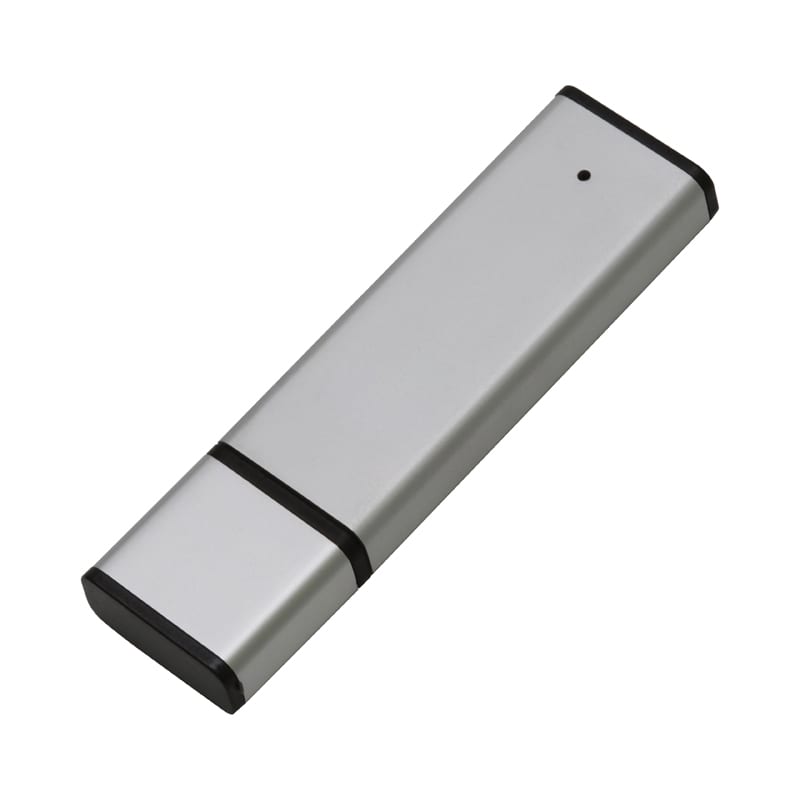 A silver flash drive with black accents and a sleek, minimalist design. It features a logo on its surface. Eris Flash Drive - Image 1
