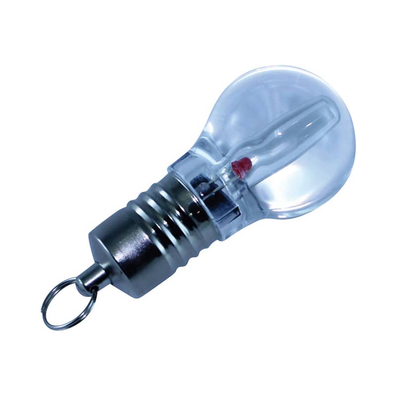 A light bulb-shaped flash drive with a silver metallic base and a clear plastic top. It features a keyring attachment. Light Bulb Flash Drive - Image 1