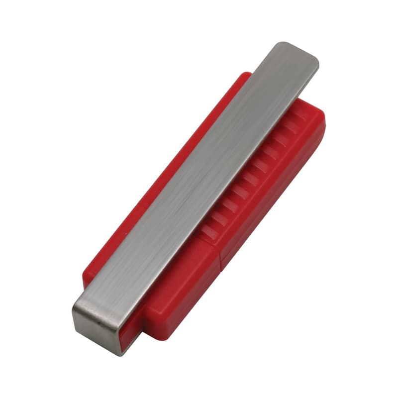A red and silver flash drive with a sleek metallic cover and a textured red base. Contains a logo. Reuban Flash Drive - Image 1