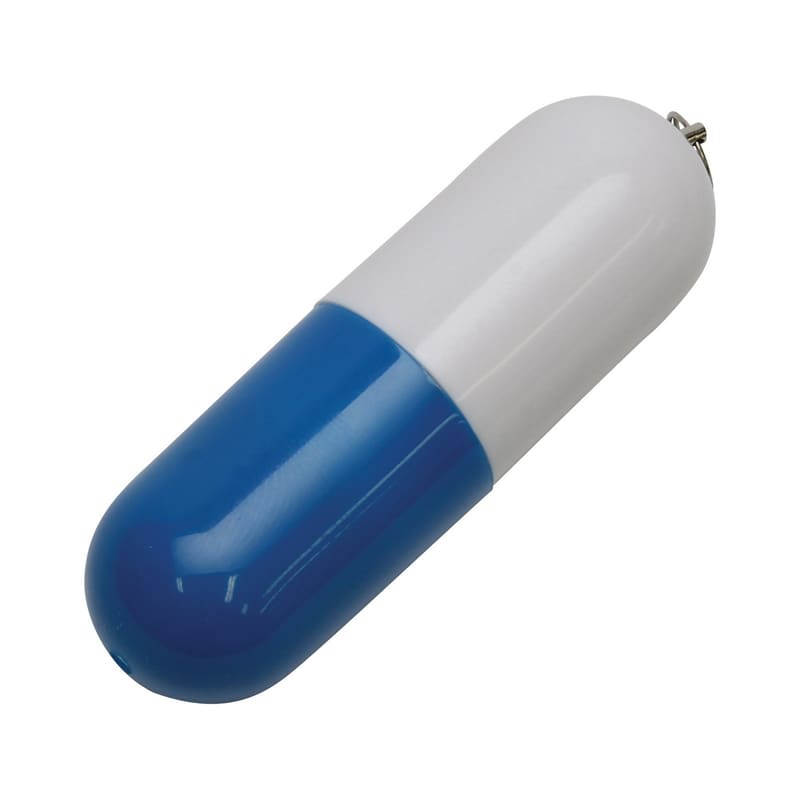 A capsule-shaped flash drive in blue and white, featuring a circular end and a metallic attachment. Capsule Flash Drive - Image 1