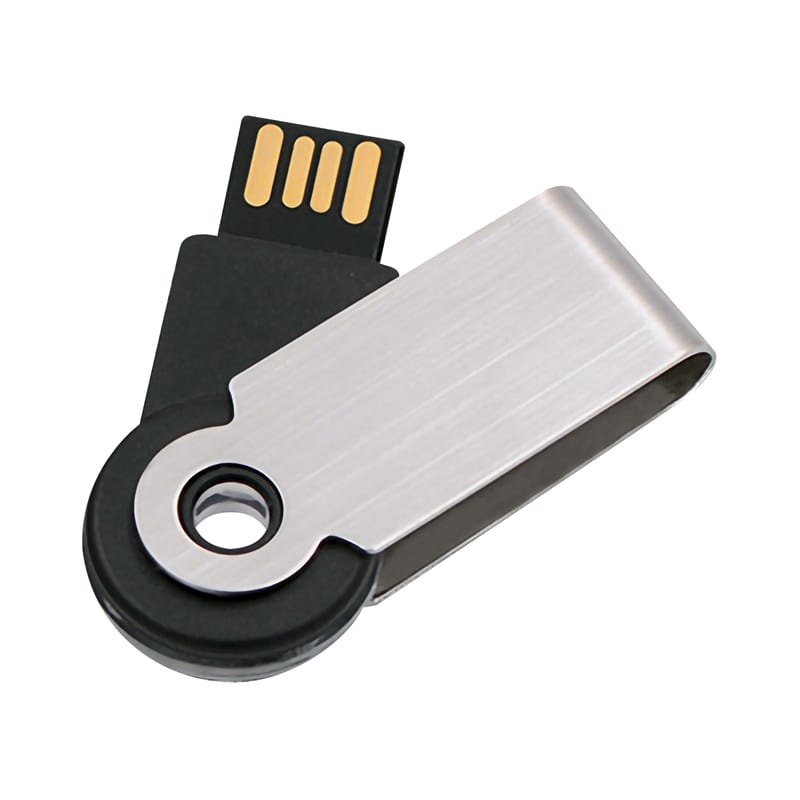 A silver and black USB flash drive with a swivel design and a hole for attachment. It features a logo on the surface. Sirius Flash Drive - Image 1